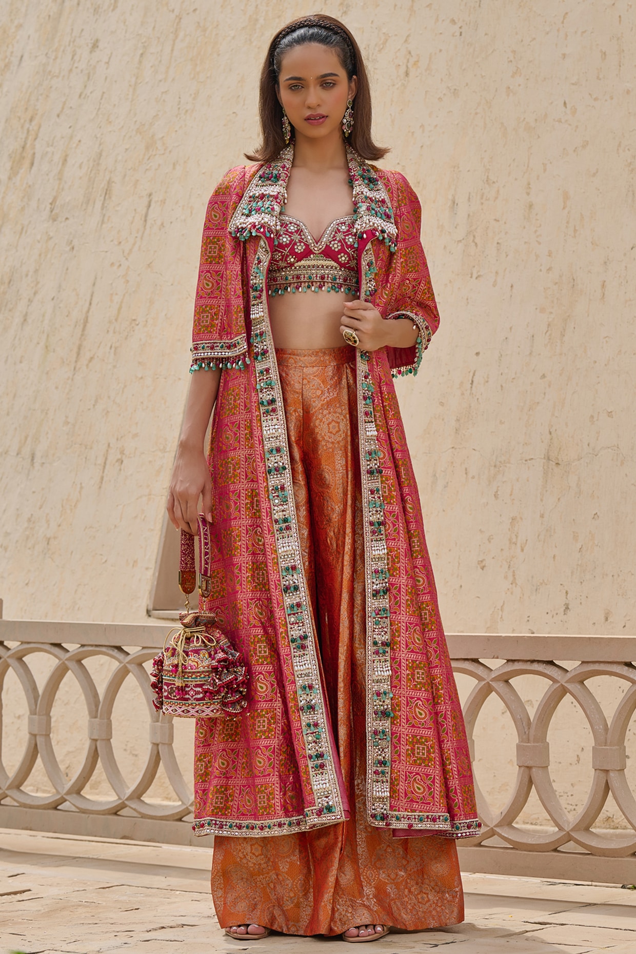 Tarun Tahiliani Multi-Colored Brocade Gota Embellished Gharchola Jacket Set