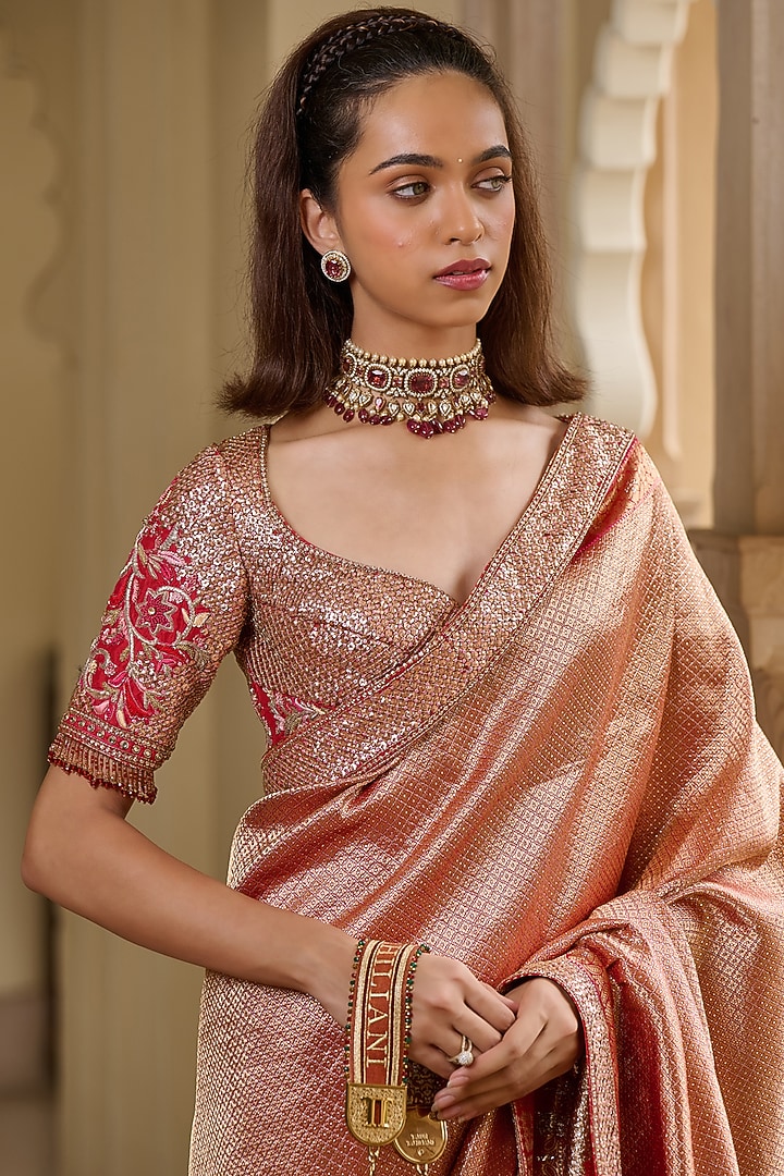 Red Brocade Crystal Embellished Bridal Saree Set by Tarun Tahiliani at Pernia's Pop Up Shop