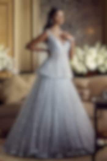 Blue Embroidered Bridal Lehenga & Peplum Blouse by Tarun Tahiliani at Pernia's Pop Up Shop