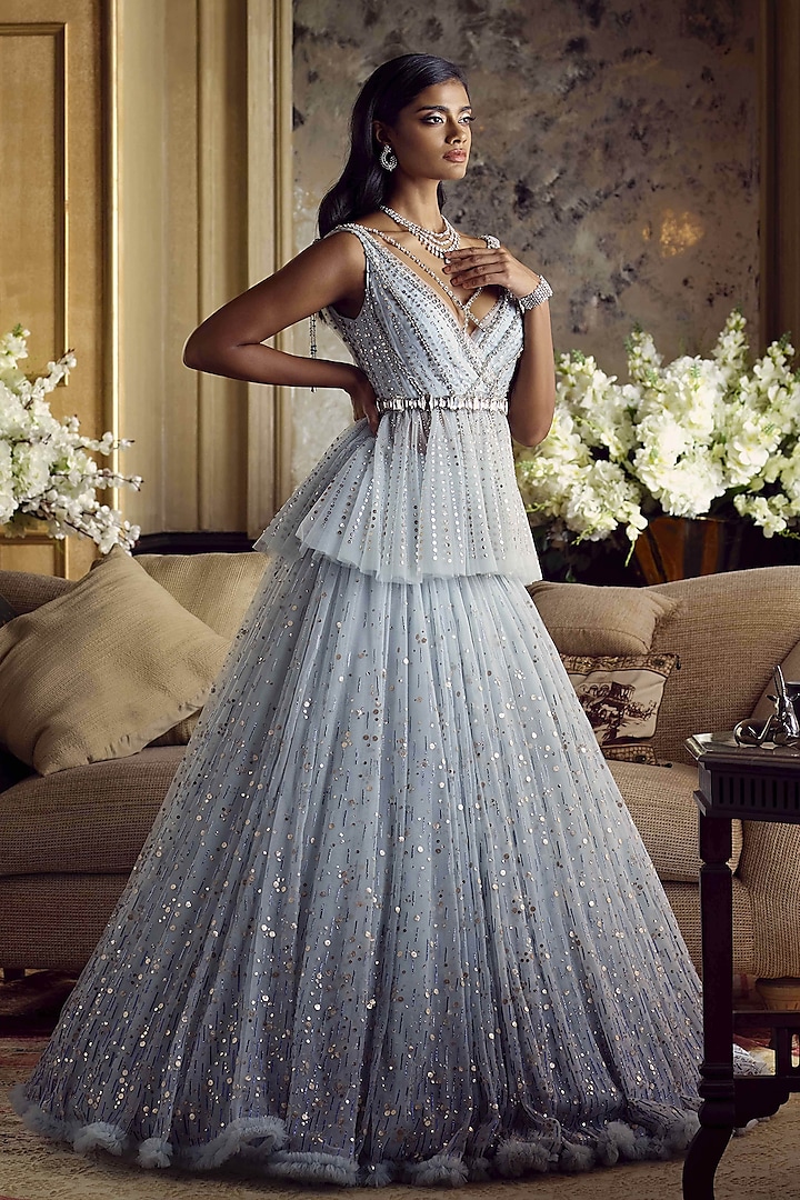 Blue Embroidered Bridal Lehenga & Peplum Blouse by Tarun Tahiliani at Pernia's Pop Up Shop
