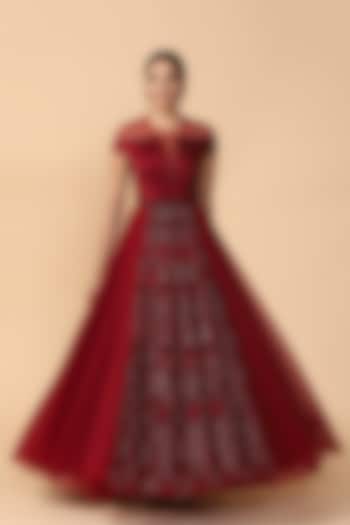 Red Embroidered Bridal Anarkali With Pants by Tarun Tahiliani at Pernia's Pop Up Shop