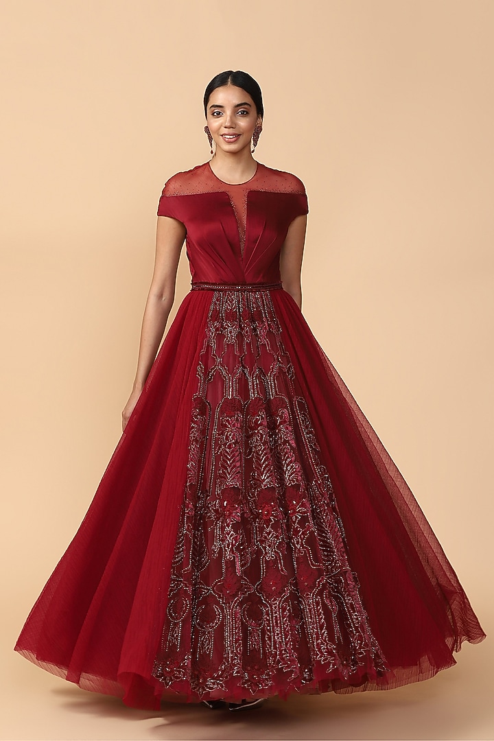 Red Embroidered Bridal Anarkali With Pants by Tarun Tahiliani at Pernia's Pop Up Shop