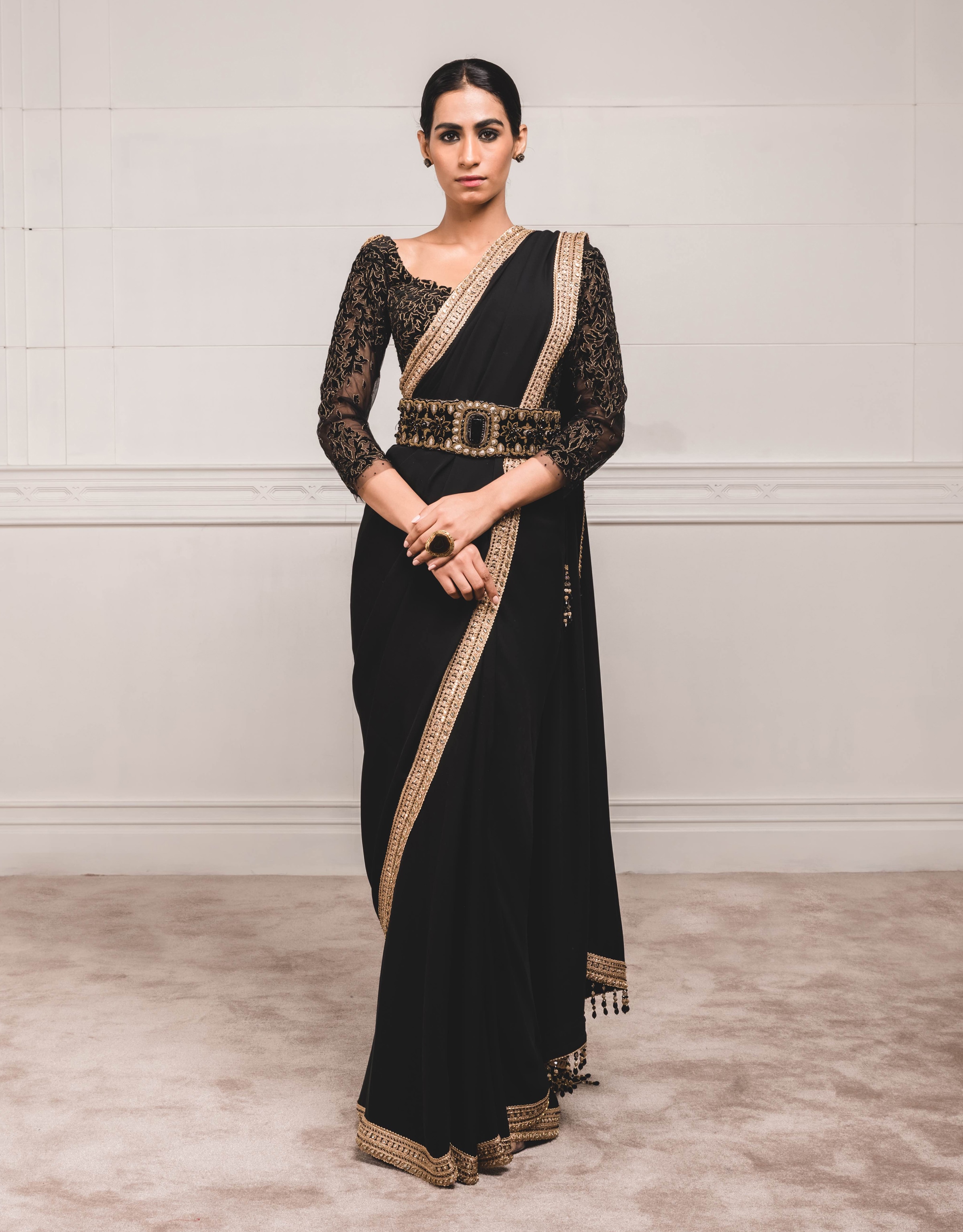 Black satin pant sari with embroidered tulle inlays and beaded tie up  blouse – Esha Sethi Thirani