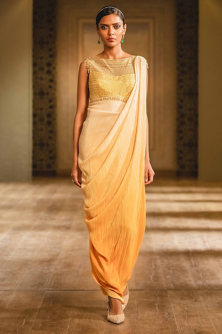 Yellow Crystal Draped Dress by Tarun Tahiliani