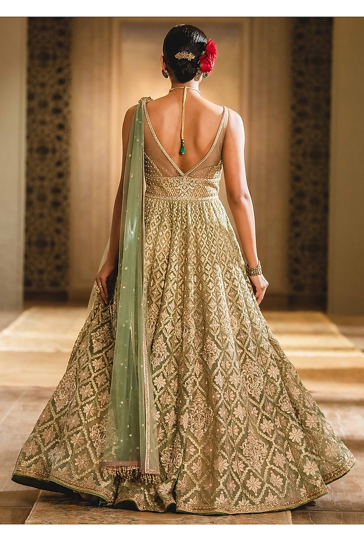 Green Embroidered Bridal Anarkali Set by Tarun Tahiliani at Pernia's Pop Up Shop