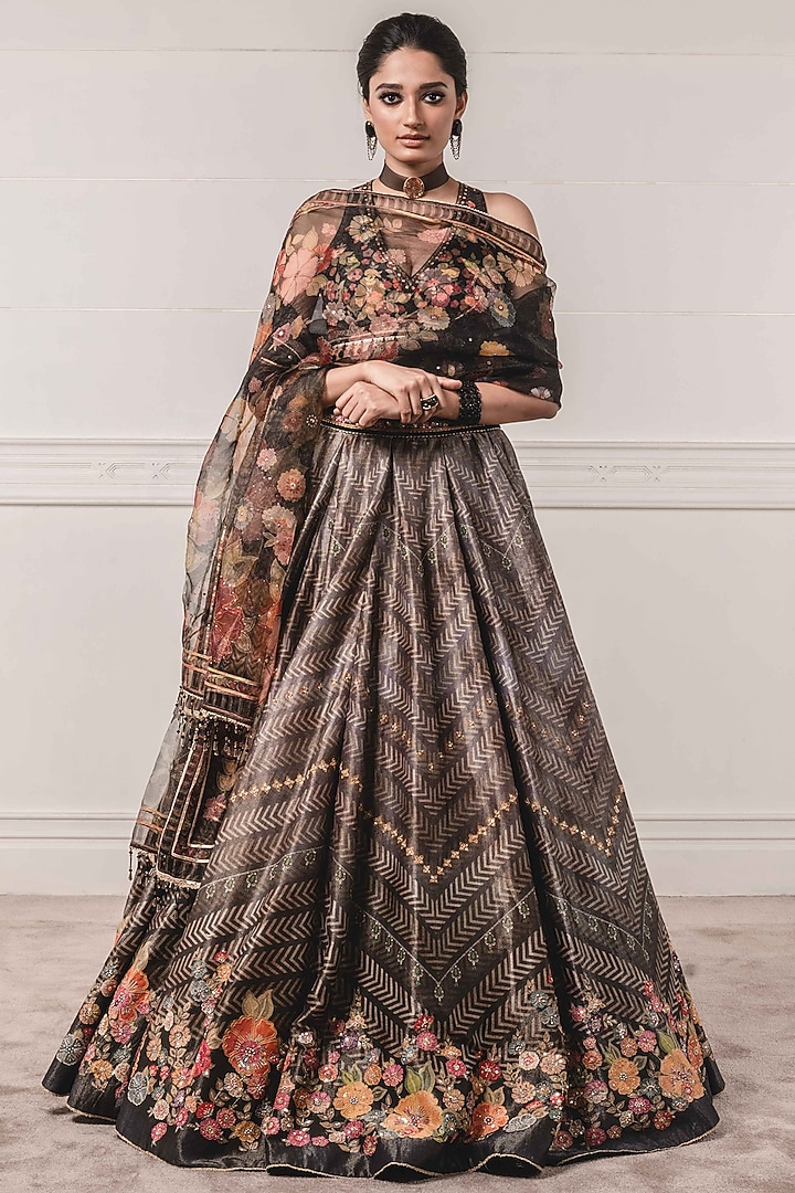 Black Kasab Satin Printed Bridal Lehenga Set by Tarun Tahiliani at Pernia's Pop Up Shop