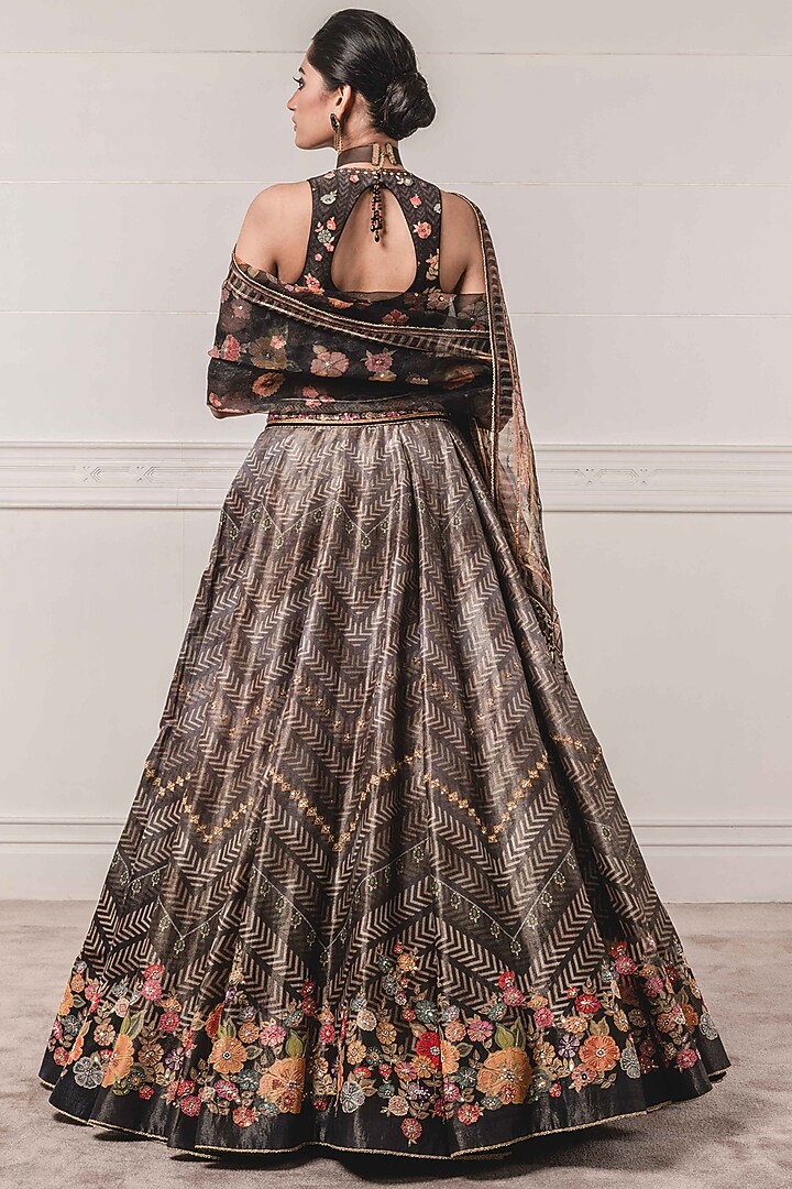 Black Kasab Satin Printed Bridal Lehenga Set by Tarun Tahiliani at Pernia's Pop Up Shop