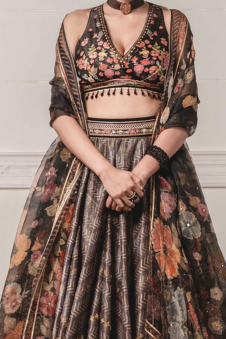 Black Kasab Satin Printed Bridal Lehenga Set by Tarun Tahiliani at Pernia's Pop Up Shop
