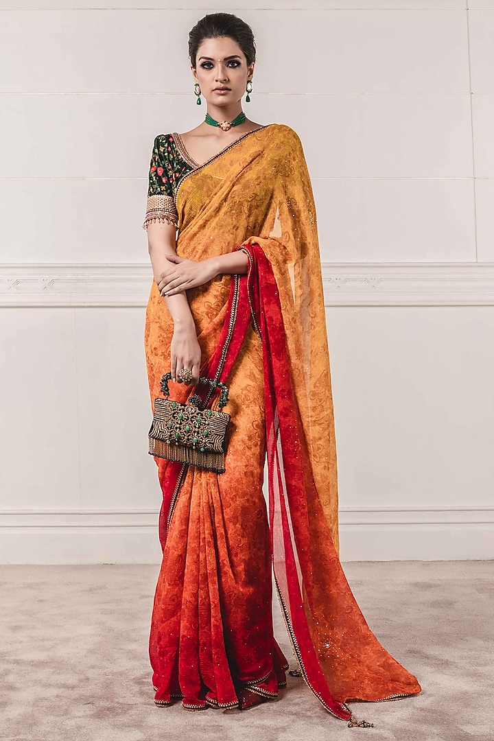 Sunset Yellow Ombre Embroidered & Printed Saree Set by Tarun Tahiliani
