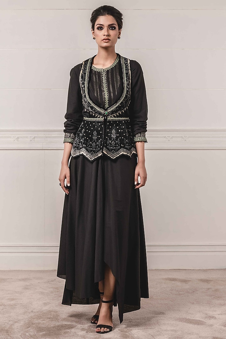 Black Printed & Embroidered Gillet by Tarun Tahiliani