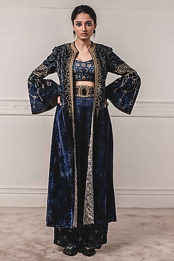 Indigo Blue Printed & Embroidered Jacket Set by Tarun Tahiliani