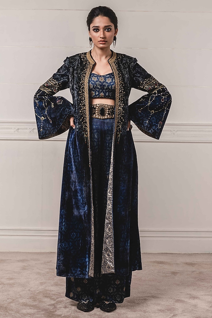 Indigo Blue Printed & Embroidered Jacket Set by Tarun Tahiliani at Pernia's Pop Up Shop