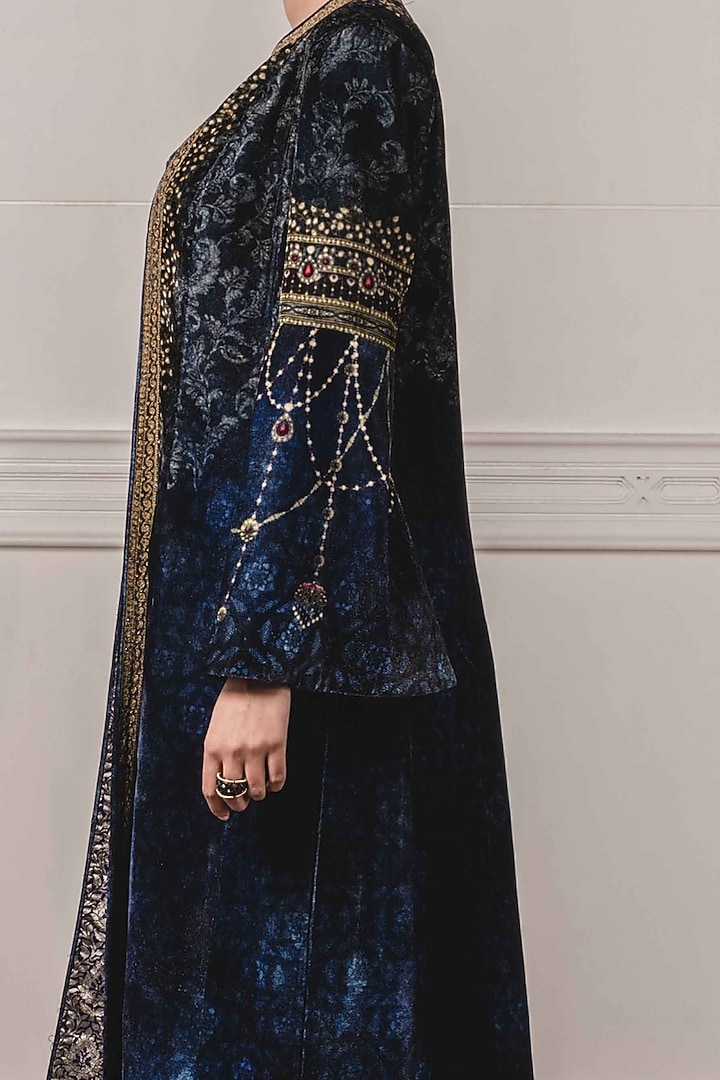 Indigo Blue Printed & Embroidered Jacket Set by Tarun Tahiliani at Pernia's Pop Up Shop