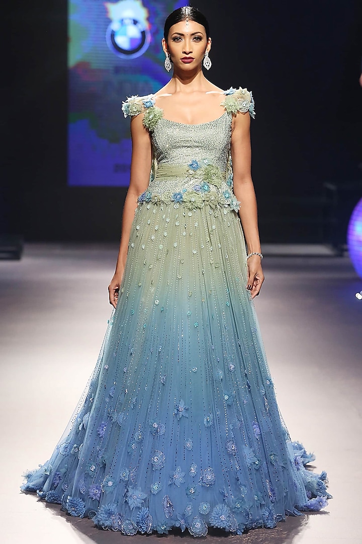 Blue Ombre Embroidered Skirt Set by Tarun Tahiliani