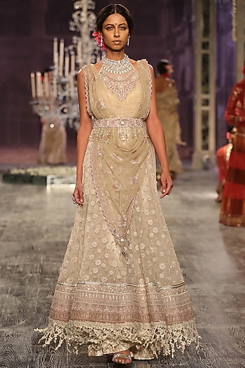 Beige Thread Embroidered Palazzo Pants With Dupatta by Tarun Tahiliani
