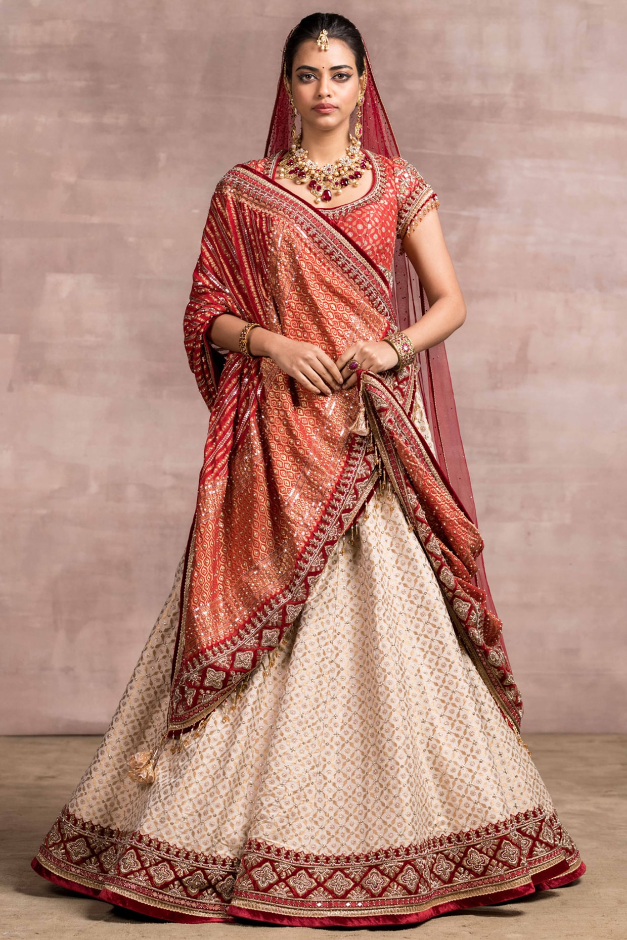 Buy Peach Georgette And Silk V Neck Chikankari Bridal Lehenga Set For Women  by Tarun Tahiliani Online at Aza Fashions.