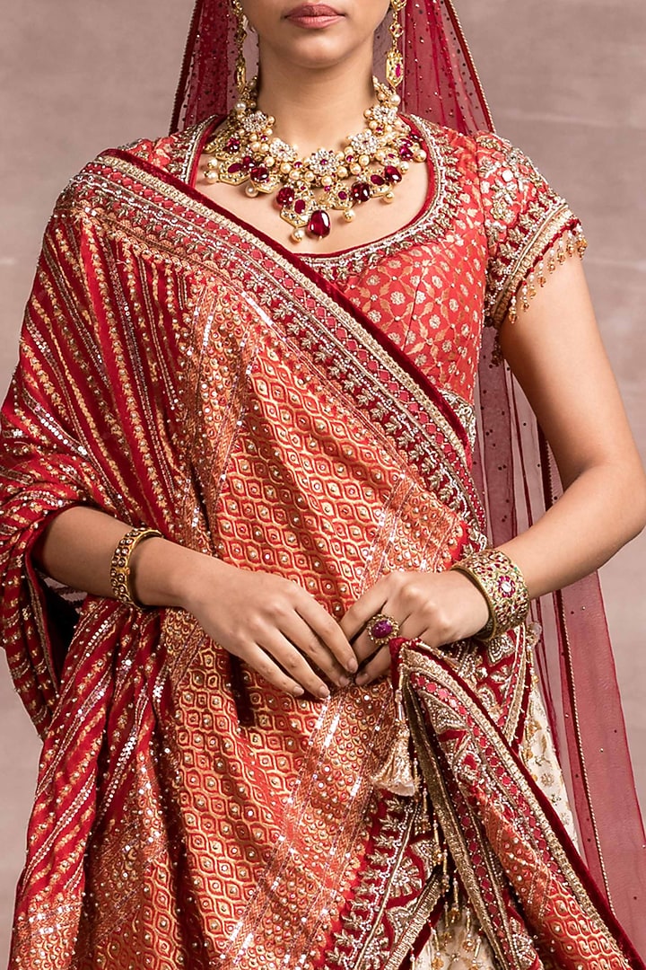 Ivory & Red Embroidered Bridal Lehenga Set by Tarun Tahiliani at Pernia's Pop Up Shop