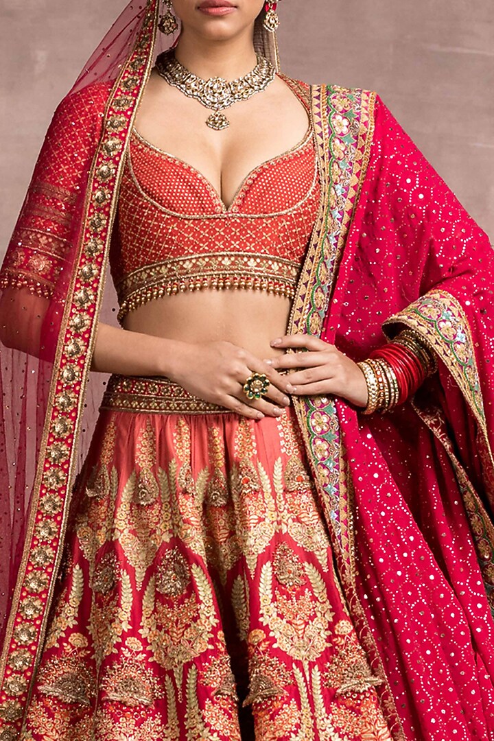 Red Ombre Zardosi Embroidered Bridal Lehenga Set by Tarun Tahiliani at Pernia's Pop Up Shop
