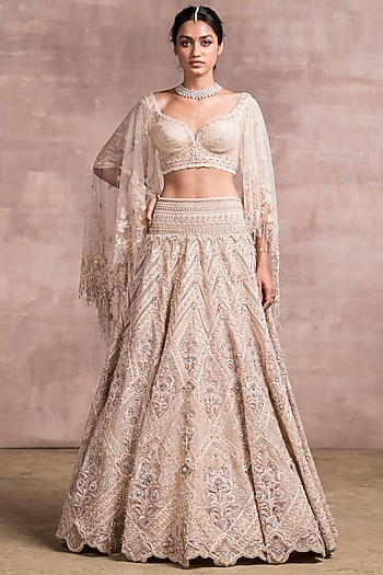 Ivory Embroidered Kalidar Lehenga Set by Tarun Tahiliani