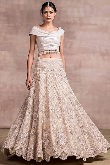 Ivory Kalidar Lehenga Set With Embroidery by Tarun Tahiliani