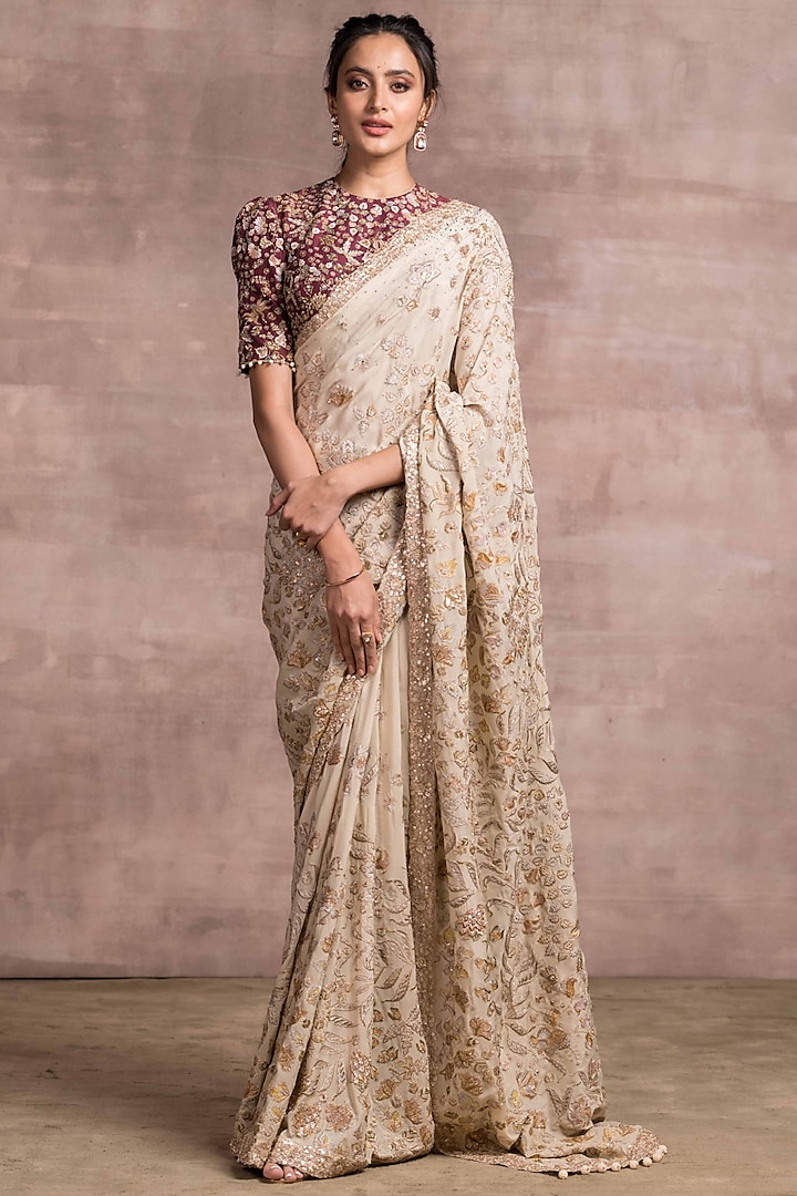 Buy Ivory Paani Sequins Chikankari Saree Set by Designer SAWAN