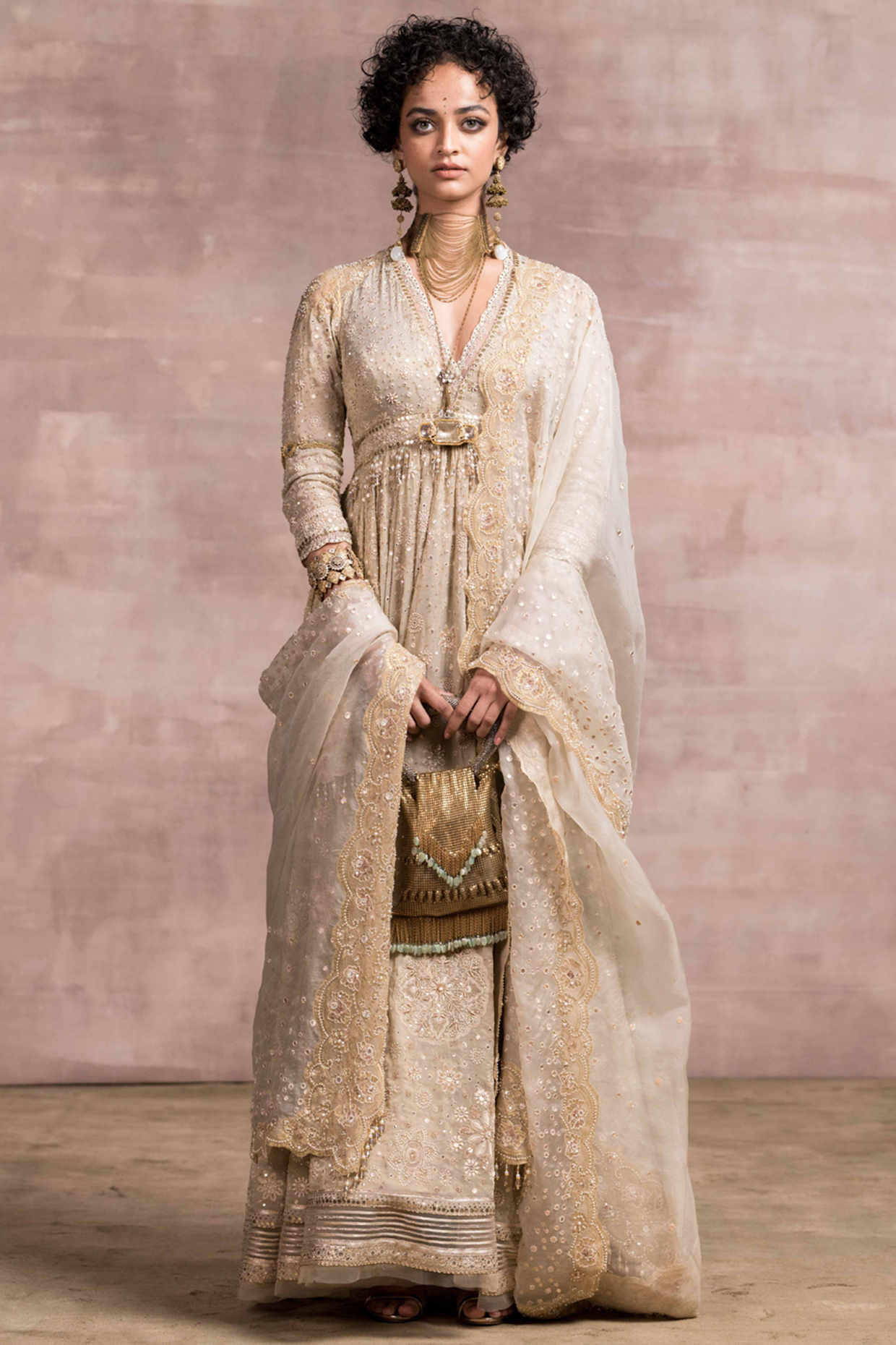 Beige Gold Chikankari Embroidered Kalidar Anarkali Set by Tarun Tahiliani at Pernia's Pop Up Shop