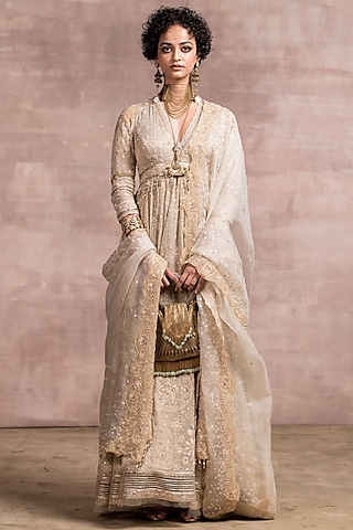 Beige Gold Chikankari Embroidered Kalidar Anarkali Set by Tarun Tahiliani