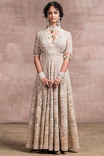 Oyster Embroidered Kalidar Anarkali Set by Tarun Tahiliani