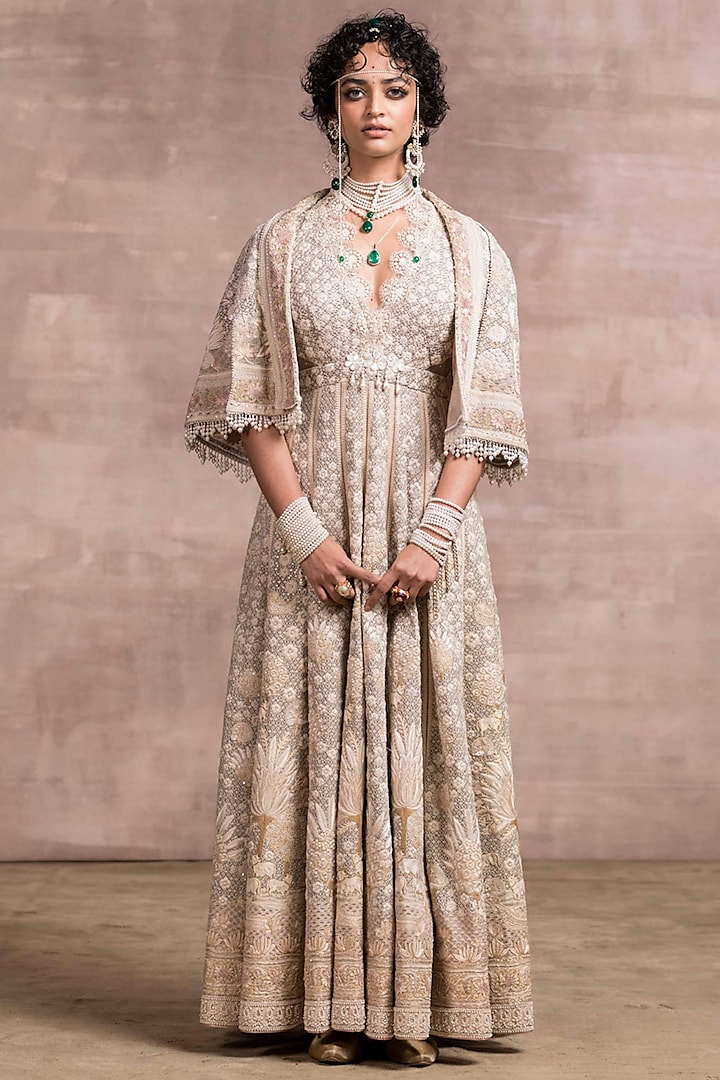 Oyster Printed & Embroidered Kalidar Anarkali Set by Tarun Tahiliani