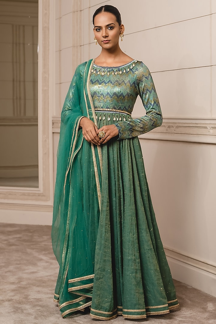 Teal Embroidered Anarkali Set by Tarun Tahiliani at Pernia's Pop Up Shop