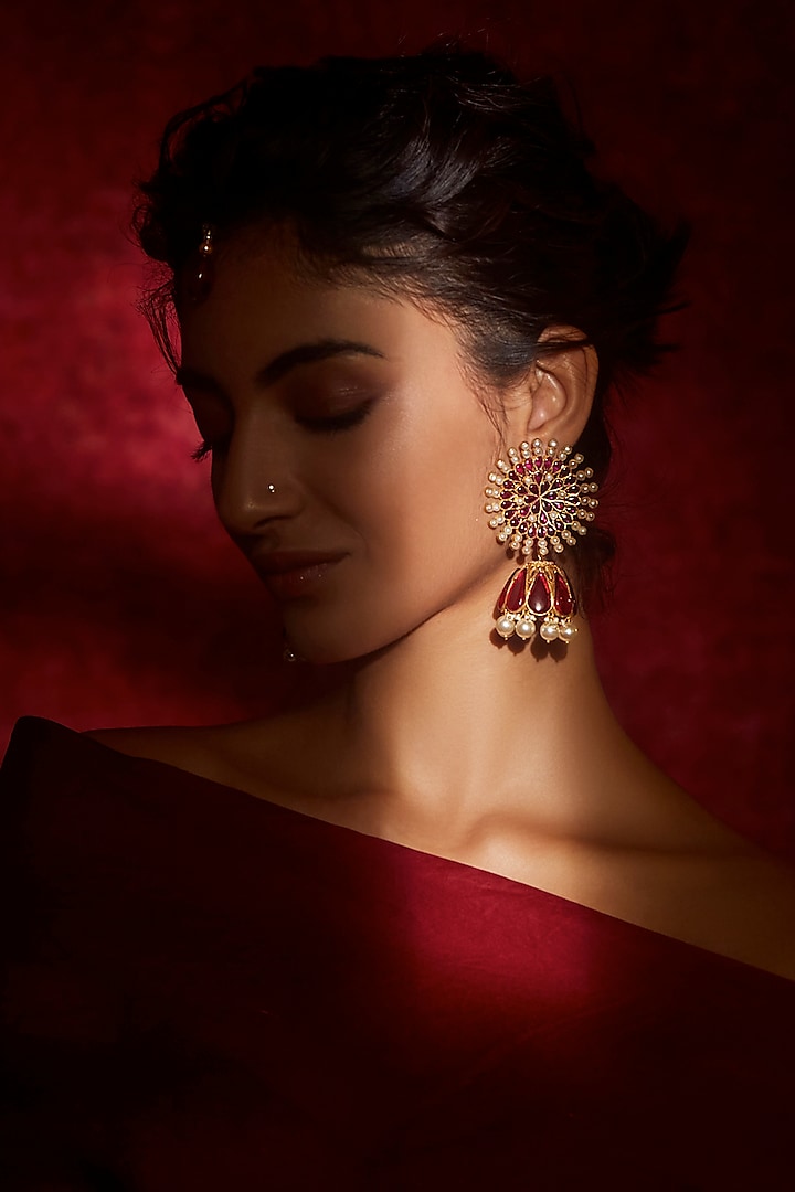 Gold Plated Ruby Stone Jhumka Earrings In Sterling Silver by Tarun Tahiliani Accessories