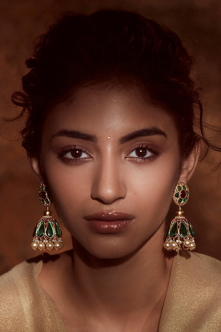 Gold Plated Emerald Jhumka Earrings In Sterling Silver by Tarun Tahiliani Accessories