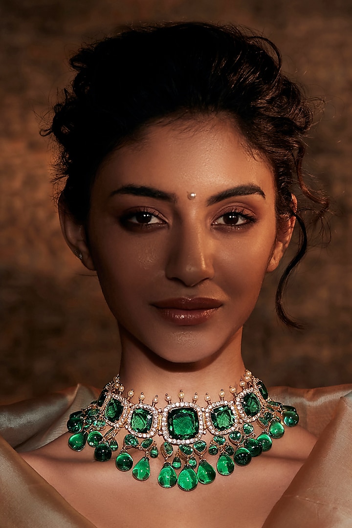 Gold Plated Emerald Glass Stone Necklace In Sterling Silver by Tarun Tahiliani Accessories