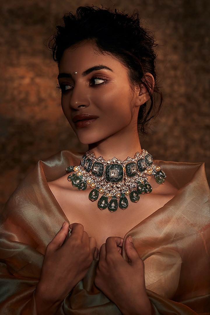 Gold Plated Choker Necklace Emerald Glass Stone In Sterling Silver by Tarun Tahiliani Accessories