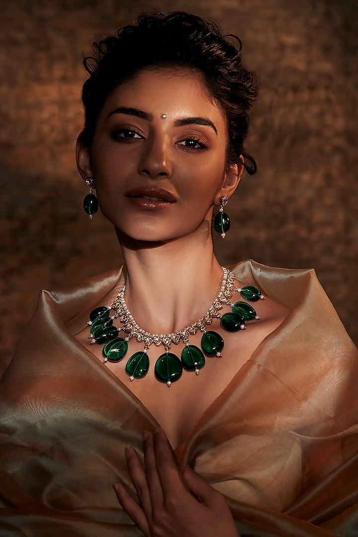 Gold Plated Glass Stone Wide-Set Necklace In Sterling Silver by Tarun Tahiliani Accessories