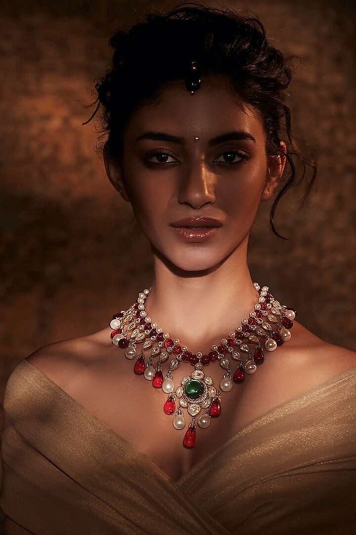 Gold Plated Red Glass Stone Necklace In Sterling Silver by Tarun Tahiliani