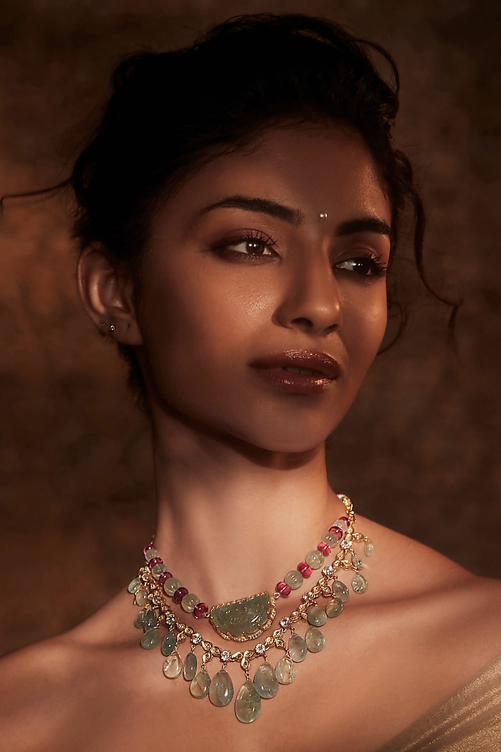 Gold Plated Jade Glass Stone Layered Necklace In Sterling Silver by Tarun Tahiliani Accessories