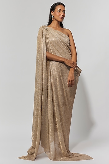 Champagne Metallic Crinkle Tulle One-Shoulder Dress by Tarun Tahiliani