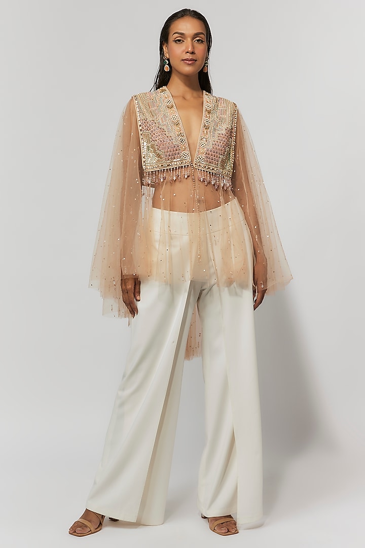 Blush Pink Tulle Hand Embroidered Cape by Tarun Tahiliani at Pernia's Pop Up Shop