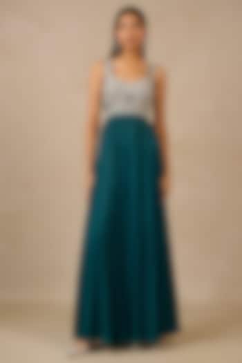 Teal Crinkle Organza Embroidered Jumpsuit by Tarun Tahiliani at Pernia's Pop Up Shop