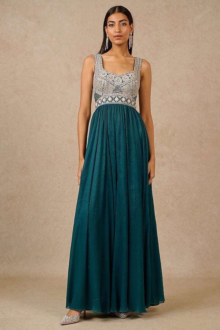Teal Crinkle Organza Embroidered Jumpsuit by Tarun Tahiliani at Pernia's Pop Up Shop