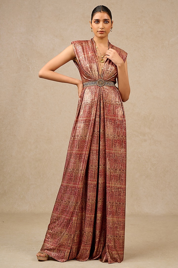 Wine Foil Jersey Printed & Brooch Embroidered Jumpsuit by Tarun Tahiliani at Pernia's Pop Up Shop