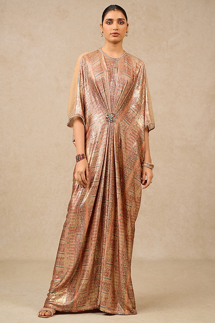 Multi-Colored Foil Jersey Printed & Embroidered Kaftan Dress by Tarun Tahiliani