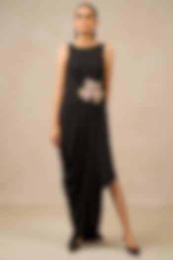 Black Silk Georgette Floral Embroidered Party Wear Dress by Tarun Tahiliani at Pernia's Pop Up Shop