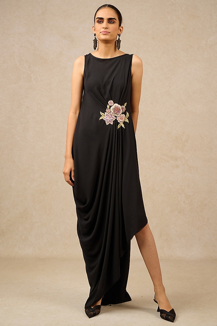 Black Silk Georgette Floral Embroidered Party Wear Dress by Tarun Tahiliani at Pernia's Pop Up Shop