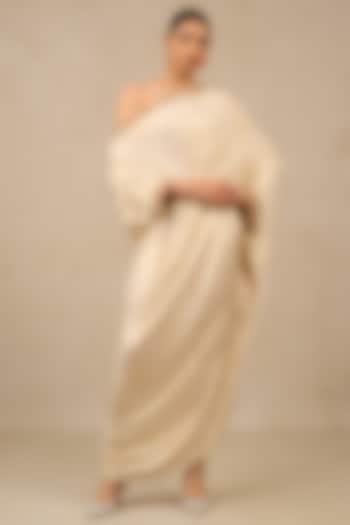 Ivory Foil Jersey Gara Embroidered Asymmetric Dress by Tarun Tahiliani