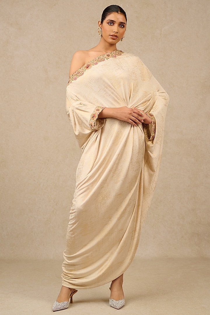 Ivory Foil Jersey Gara Embroidered Asymmetric Dress by Tarun Tahiliani