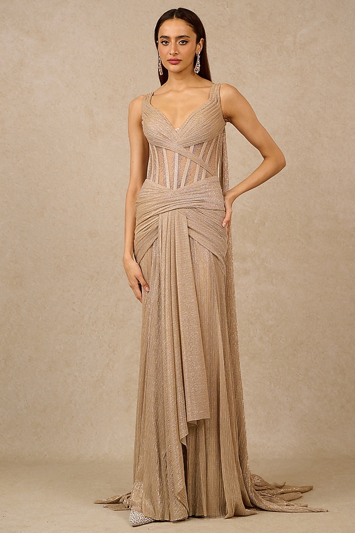 Champagne Metallic Crinkle Sequins Embroidered Mermaid Gown by Tarun Tahiliani