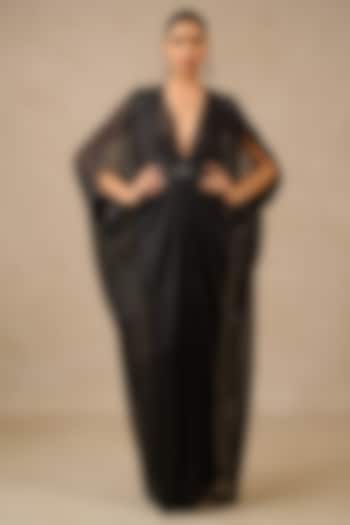 Black Metallic Crinkle Tulle Hand Embroidered Party Wear Dress by Tarun Tahiliani at Pernia's Pop Up Shop