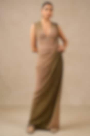 Olive Green Ombre Metallic Crinkle Tulle Hand Embroidered Dress by Tarun Tahiliani